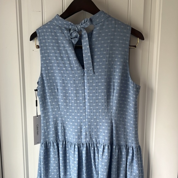 Calvin Klein Size 10 Blue White Dress With Back Bow, 100% Cotton NWT, New Women - Picture 3 of 3